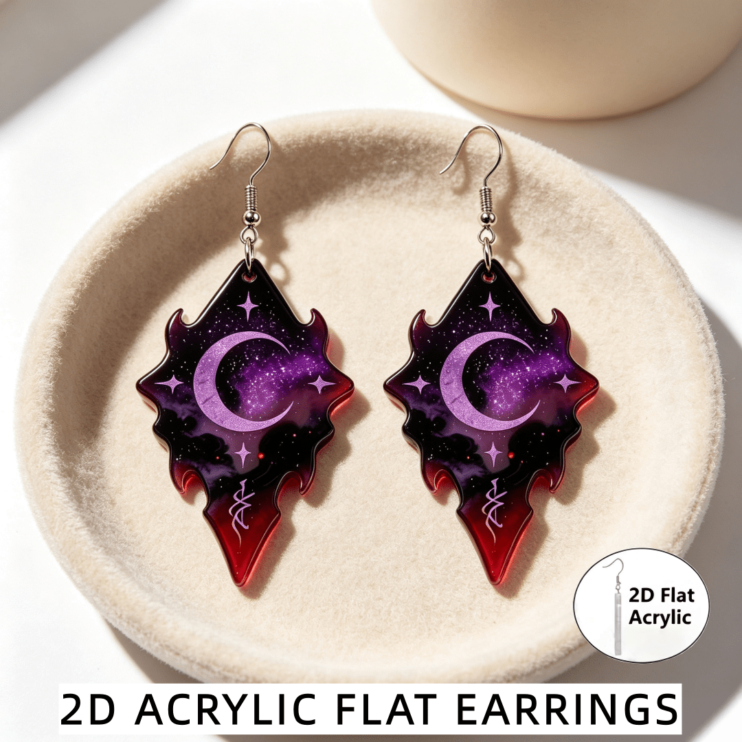 Gothic Crescent Moon & Star Dangle Earrings, Purple Galaxy