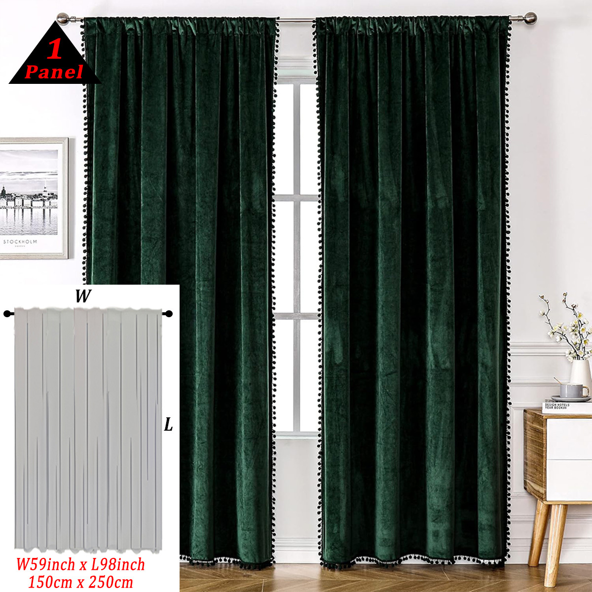 TEMU Pack Of 1, Cosennatur European Light Dark Green Velvet Pom-pom Lace Velvet Blackout Curtain, Dutch Velvet High-end Rod Pocket Top,