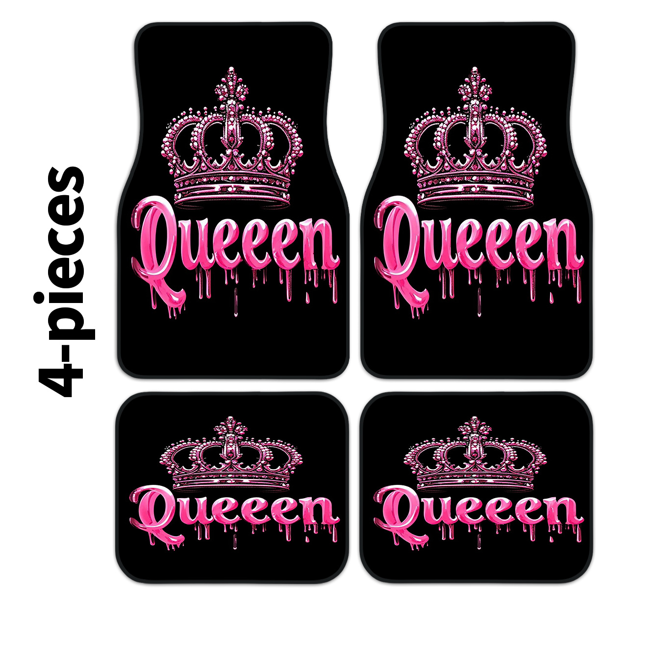 TEMU Pink Crown Queen Universal Car Floor Mats With Text Design, 4pcs Set, 100% Car Interior Decor Front And Rear Floor Mats