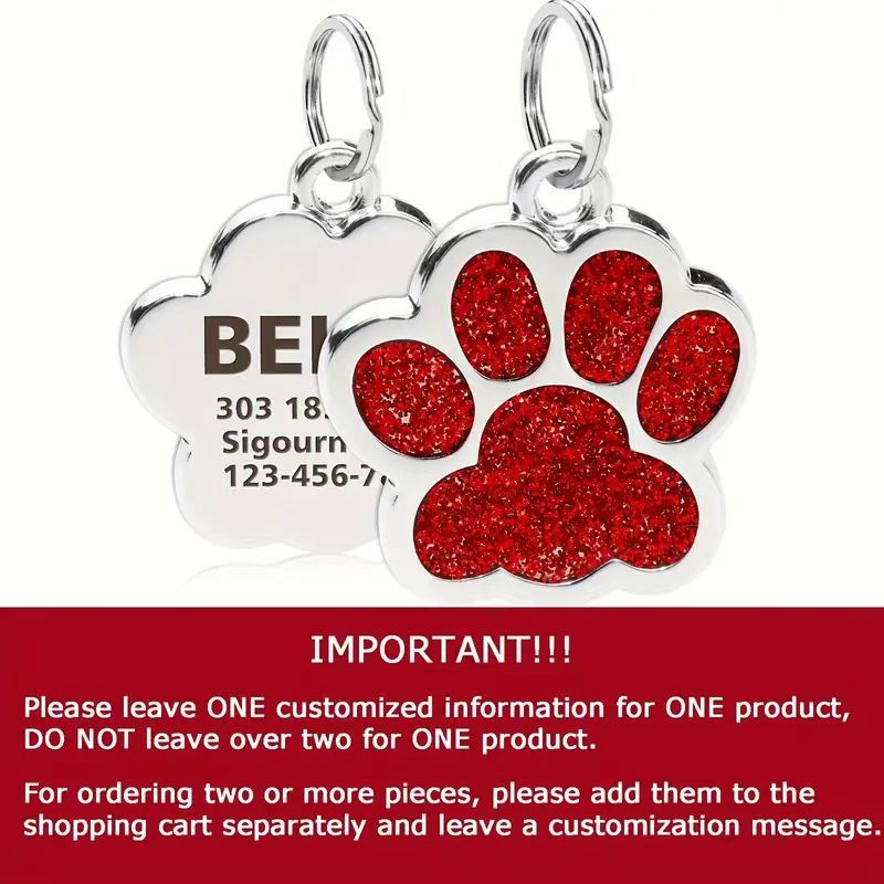 

Customizable Glitter Paw Print Dog Tag - Stainless Steel Pet Id With Laser-engraved Name & Phone Number