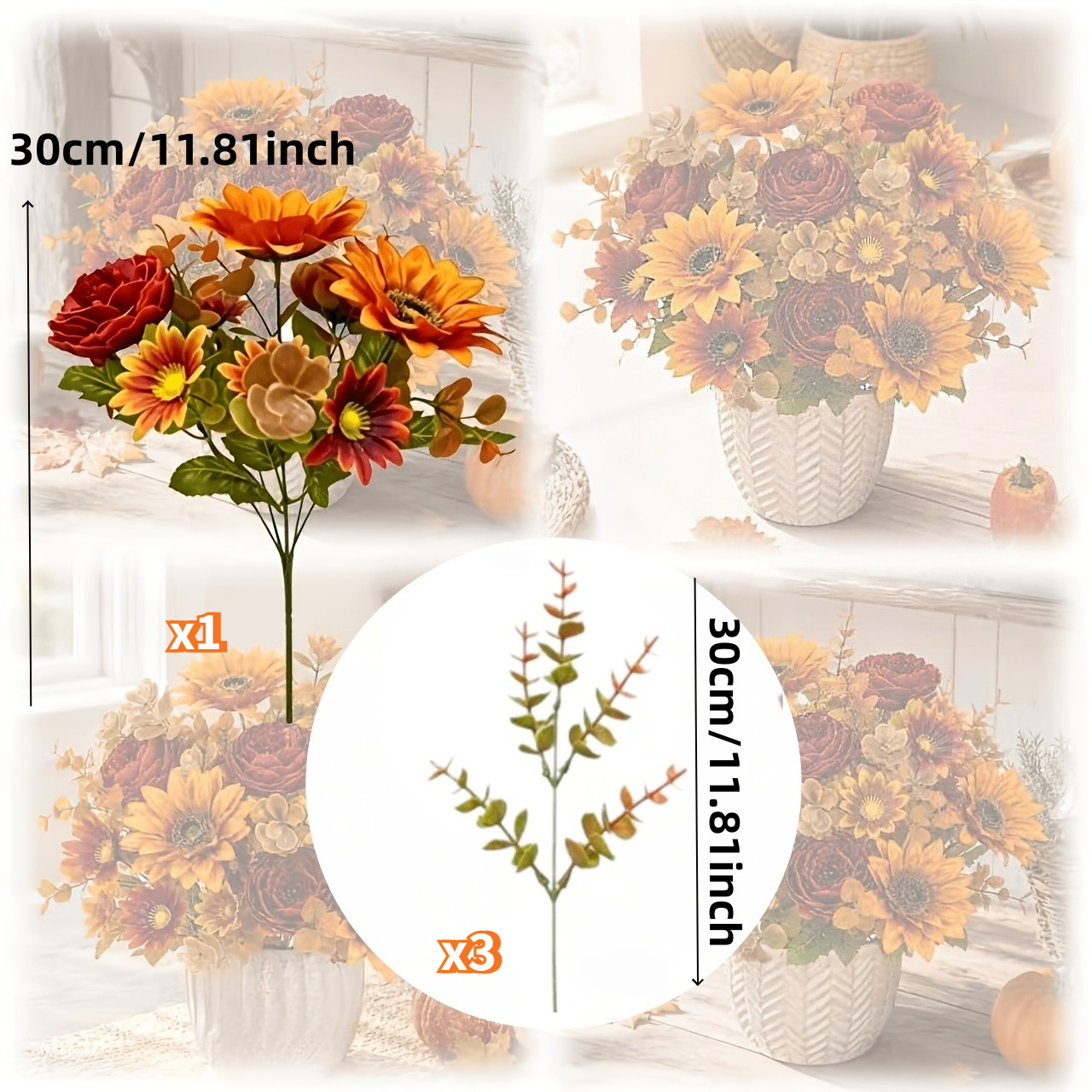 TEMU Lot de 4 bouquets de fleurs artificielles mélangées aux chauds d'automne, , souci, rose , , petite marguerite rouge-orangée, combinaison de