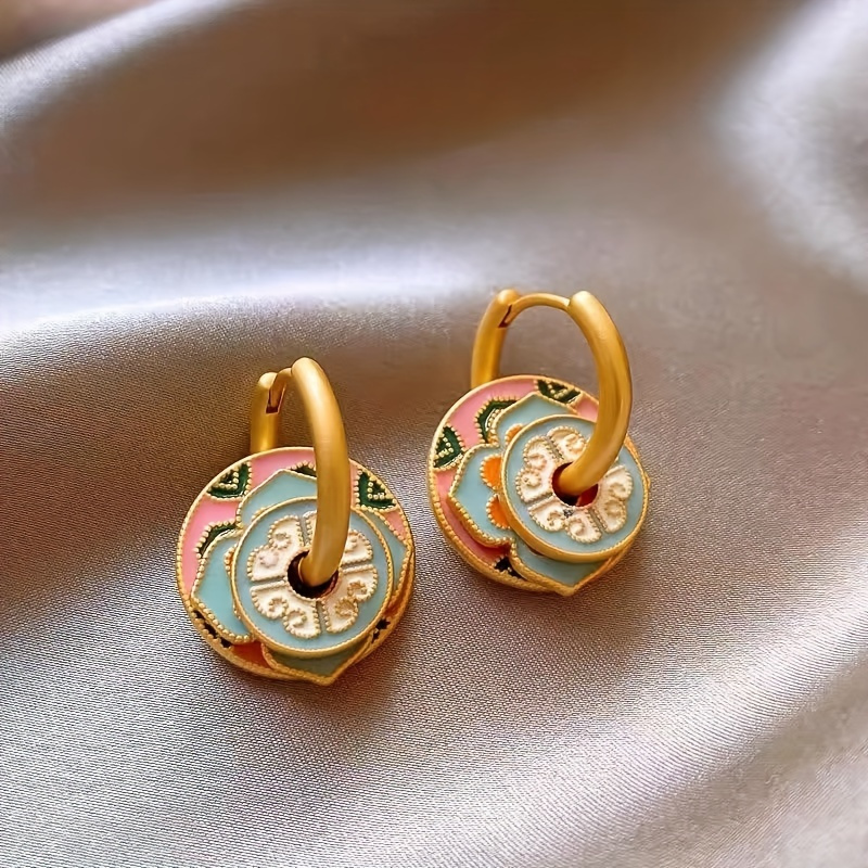 TEMU Vintage Enamel Wreath Earrings, Vintage Bohemian Enamel Wreath, Gold-plated Copper, Lightweight Jewelry, Ideal For Daily Wear And Gifts,