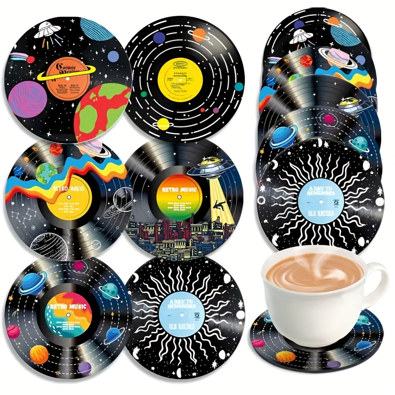 TEMU 6pcs Multicolor Vinyl Record Wood Coasters Set 2d Flat - Vibrant , Perfect For Kitchen And Living Room Decor, Ideal Gift For , Party Supplies