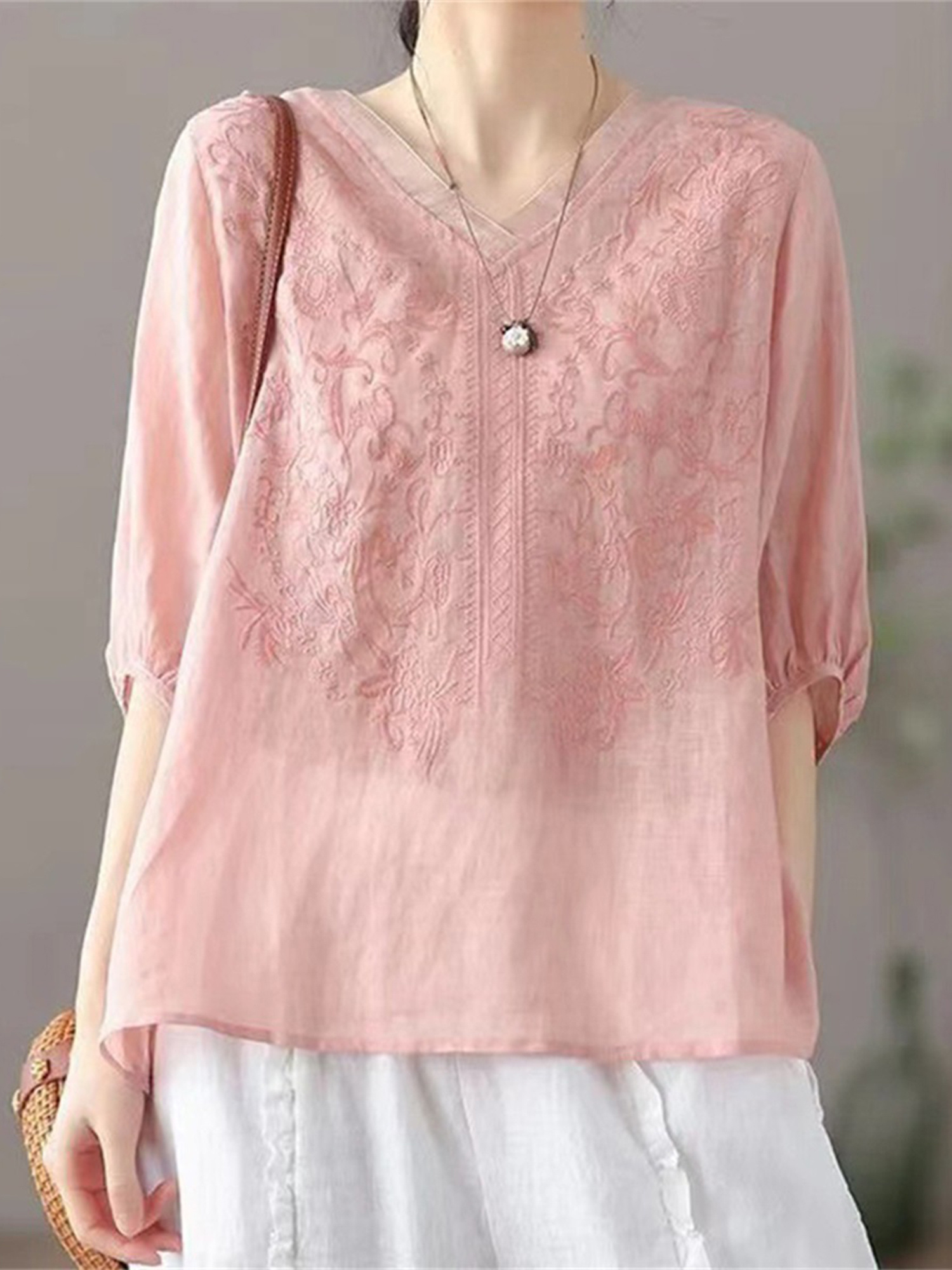 Beaded Flower Stitch Pink Blouses Shirts For Women 2024