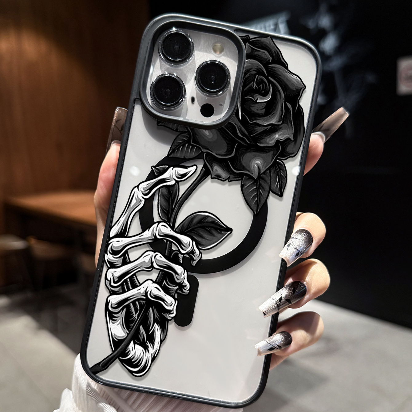 TEMU Phone Case - Gothic Skeleton Hand Black Rose Magnetic Phone Case For Universal Creative Dark Style Full Protection Shockproof Cover Compatible