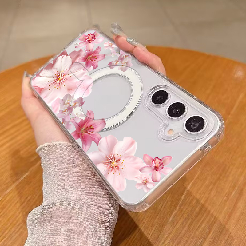 TEMU Phone Case: 1pc Minimally Designed Magnetic Pink Floral Border Pattern Print Shockproof Pc Phone Case Compatible With Galaxy