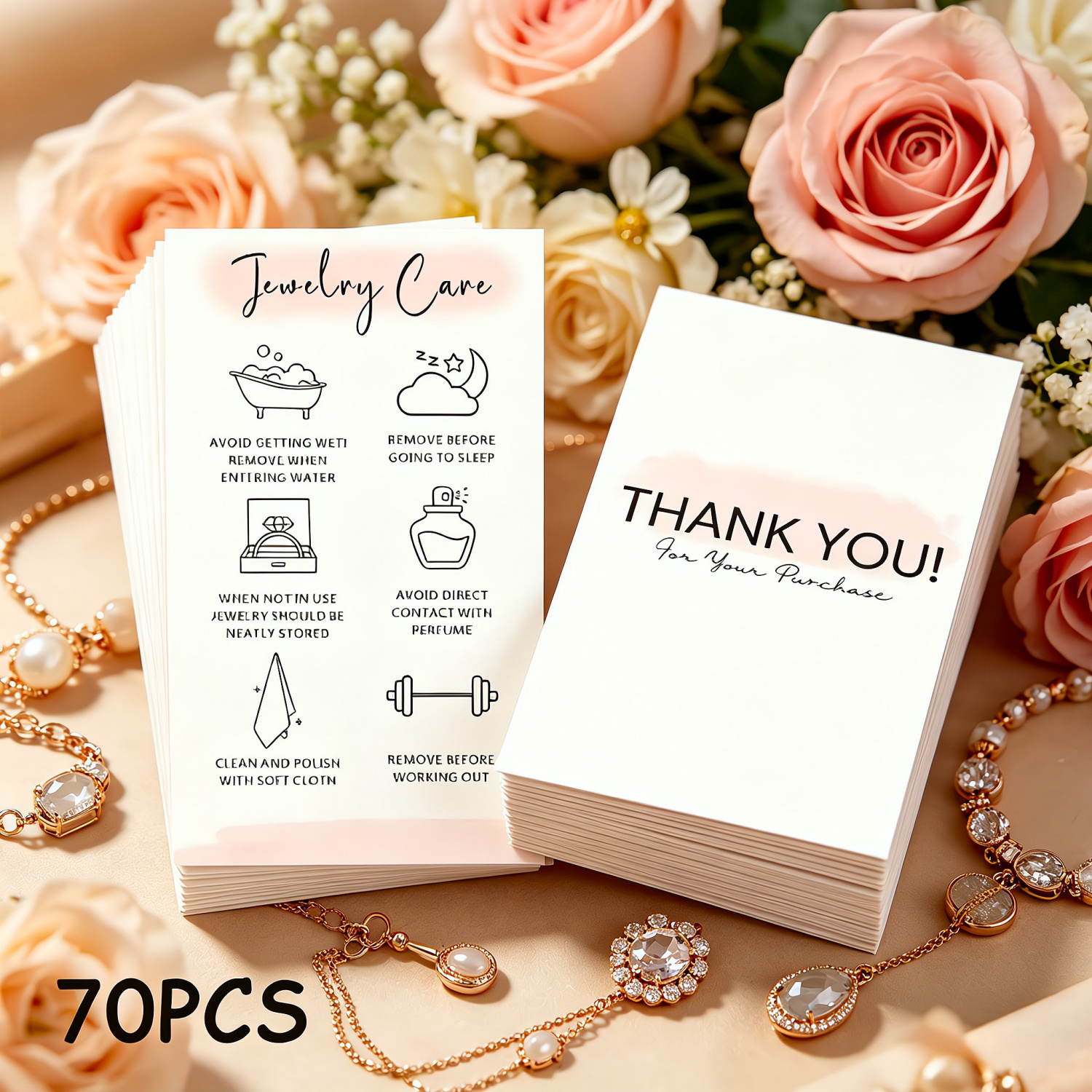 TEMU [Ensemble de 70 cartes de remerciement et de soin des bijoux | mate avec claires, Instructions d'entretien des bijoux pour boucles d'oreilles, ,
