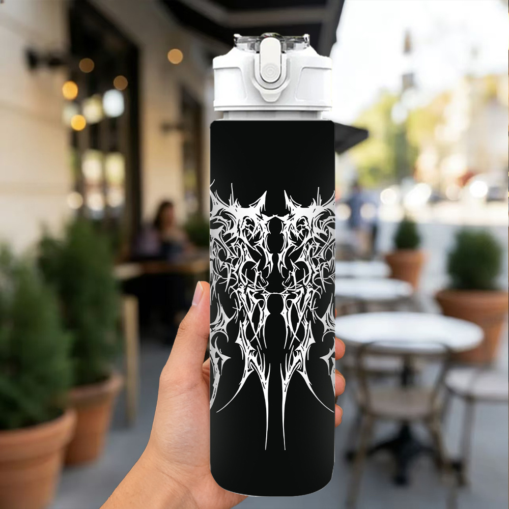 TEMU Borraccia con silhouette e testo scuro, 1 pezzo, 750ml/26oz, bicchiere con a a tenuta stagna, stile minimalista scuro, borraccia di nicchia
