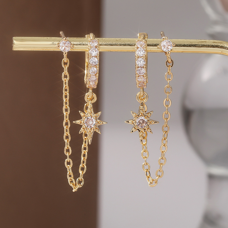 Image of 1 Pair Of Double Hole Chain Earrings, Women' Luxury Double Hole Synthetic Zirconia Temperament Earrings, Fashionable And Personalized Style Long Earrings