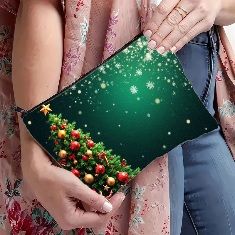 TEMU Christmas Tree Print Makeup Bag With Zipper Closure - Festive Cosmetic Bag For , Lightweight And Portable, Ideal For Organizing Women's And