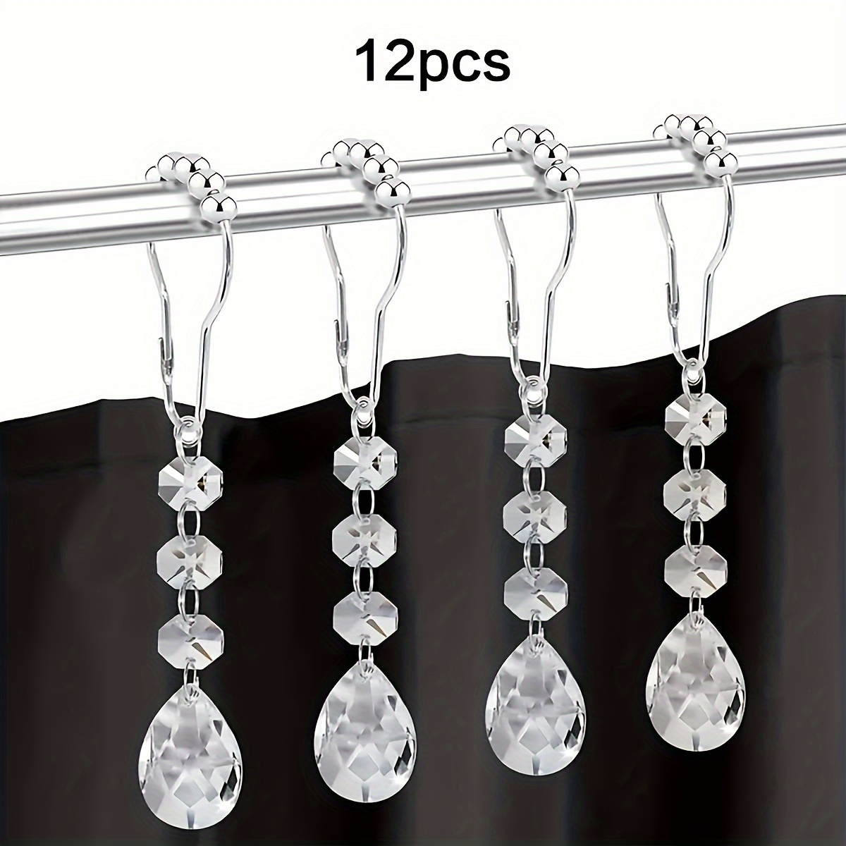 E-shop 12 Stk. Elegante Kristall-Anhänger Duschvorhanghaken - Edelstahl, Rostfrei mit Dekorativen Rollperlen für Badezimmer-Vorhangstangen
