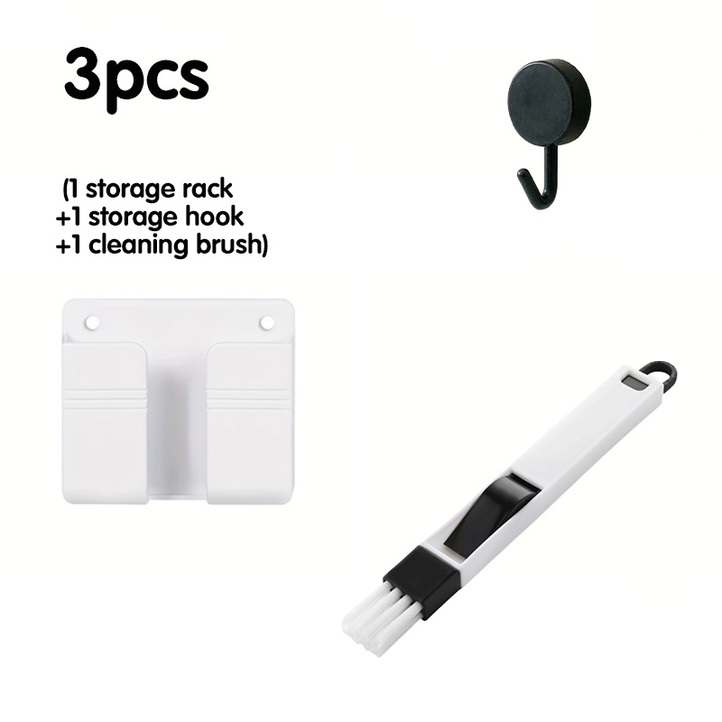 TEMU 3pcs Set (1pc Shelf And 1pc Hook And 1pc Brush) Self-adhesive Wall-mounted Phone Holder, No-drill Wall Storage Rack, Multifunctional Remote And