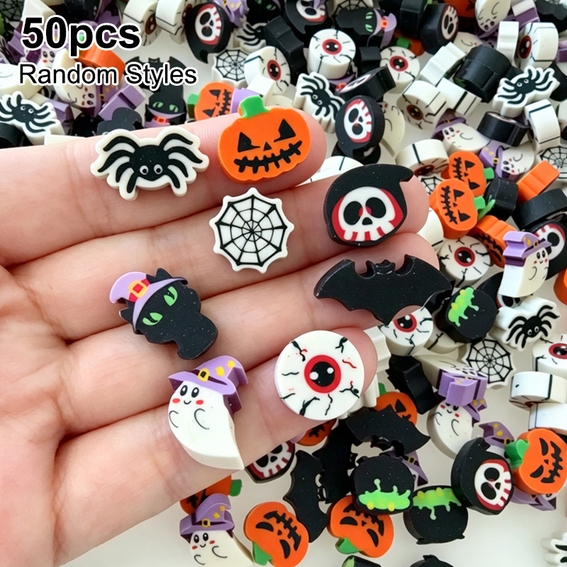 TEMU 50pcs Mini Halloween Cute Shape Erasers, Random Patterns, 0.55 Inches, Including Bats, , Pumpkins, , And More, Creative Halloween , Study