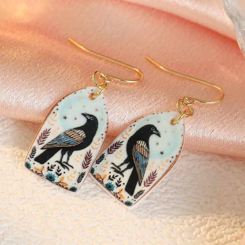 Vintage Crow Print Resin Earrings for Women