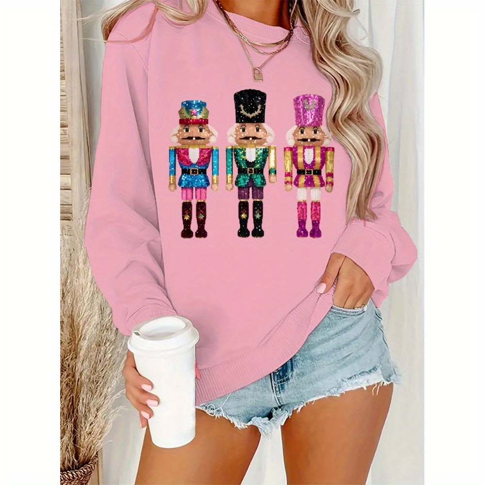 

Christmas Nutcracker Cartoon Print Sweatshirt For Women - Casual Polyester Hoodie With Long Sleeves, Regular Fit, Round Neck, Knit Fabric, Pullover Style - Fashionable Autumn/winter Top