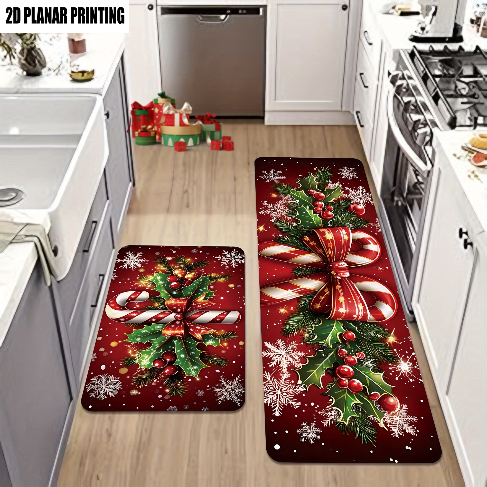TEMU Christmas-themed Kitchen Mat Set, Winter Decoration With Candy Cane, Holly, And Snowflake Kitchen Mats, Luxurious And Design Pattern, Soft,