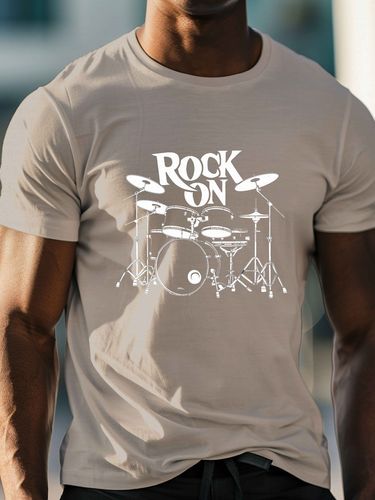 Camiseta de Verano para Hombres Talla Grande - Estampado "Drum & ROCK ON", Manga Corta, Tejido Ligero y Transpirable, Corte Regular, Lavable a Máquina, Camisetas Casuales para Hombres Altos y Grandes, PLUS SIZE
