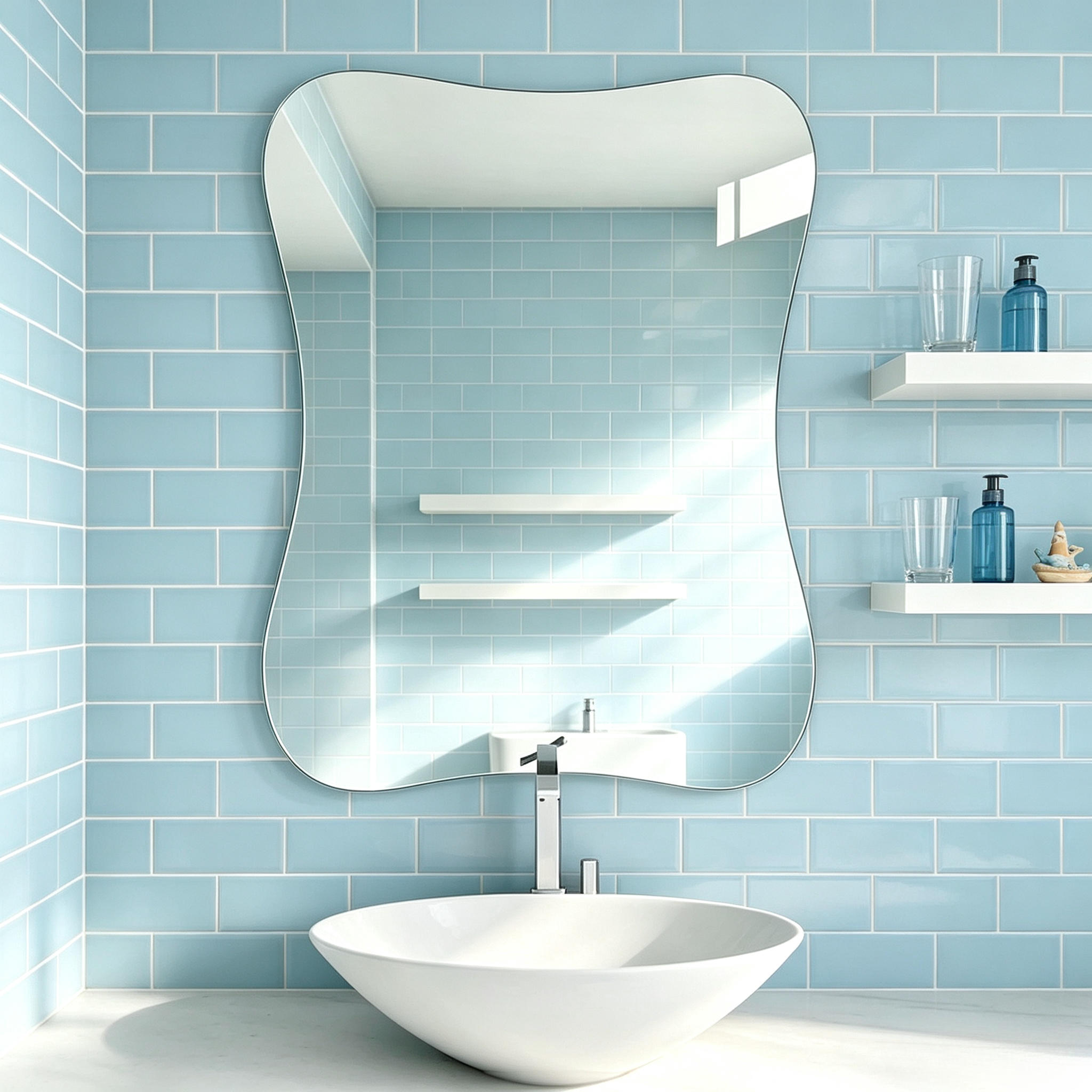 Acrylic Wall Mirror for Bathroom, Irregular Wave Frameless