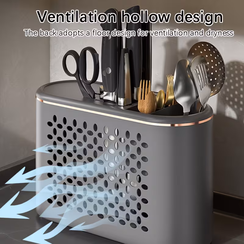 d8 a multifunctional kitchen storage rack holder for knives and kitchen tools with a ventilated back panel for air circulation featuring built in spice boxes and a design Product details 0