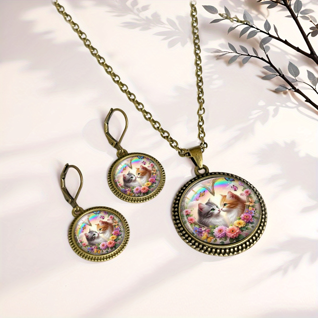 3pcs Cat Couple & Wildflowers Pattern Necklace & Earrings Set