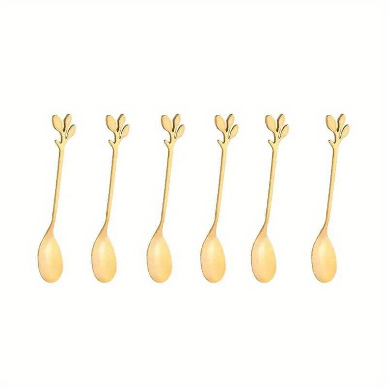 Image of 6pcs Creative Stainless Steel Golden Spoons Tree Leaf Spoon Coffee Spoon Tea Spoon Dessert Cutlery Set, Essential For Back-to-school& Holiday Gifts