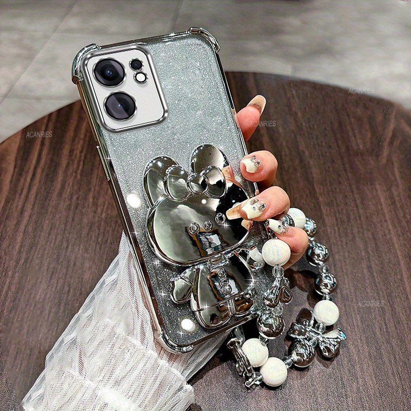 TEMU Phone Case: Reno 13 F Luxury Plating Shockproof Thickening Glitter Card Phone Case For Oppo Reno 13f Cute Mirror Rabbit Bracket Bracelet Chain