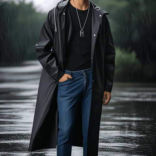 thickened heavy duty body 1pc raincoat adult hooded long sleeve waterproof windbreaker with adjustable drawstring front snap design suitable for outdoor cycling hiking fishing travel unisex lightweight portable rain gear