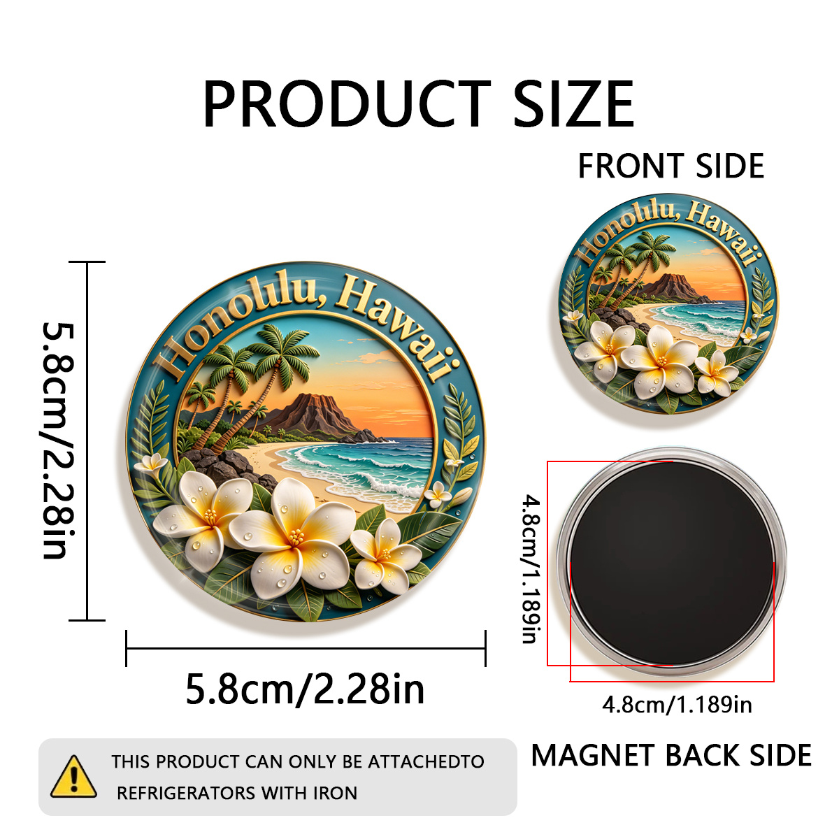 TEMU 1pc 2d Flat Honolulu, Hawaii Durable Round Fridge Magnet, Suitable For To Refrigerators, Whiteboards, Handicrafts, Photos, Stickers, Postcards,