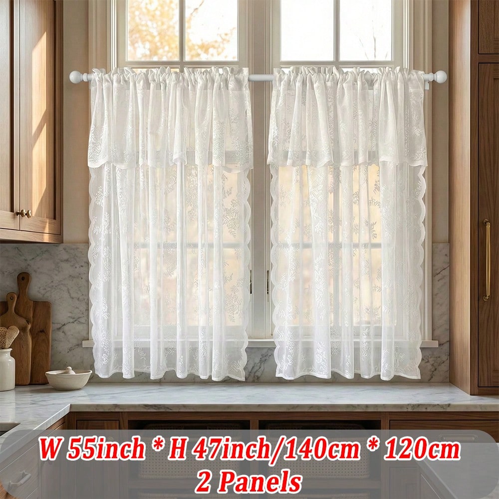 TEMU Parure de 2 Panneaux, Rideaux Voir- Dentelle Florale de Style Français, à Double Couche au Niveau de , Emplacement pour Tringle sur le Haut,