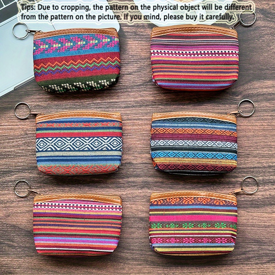 TEMU 6pcs Retro Ethnic Geometric Pattern Coin Purse, Bohemian Woven Keychain Wallet, Small Fabric Storage Bag Suitable For Travel And Daily