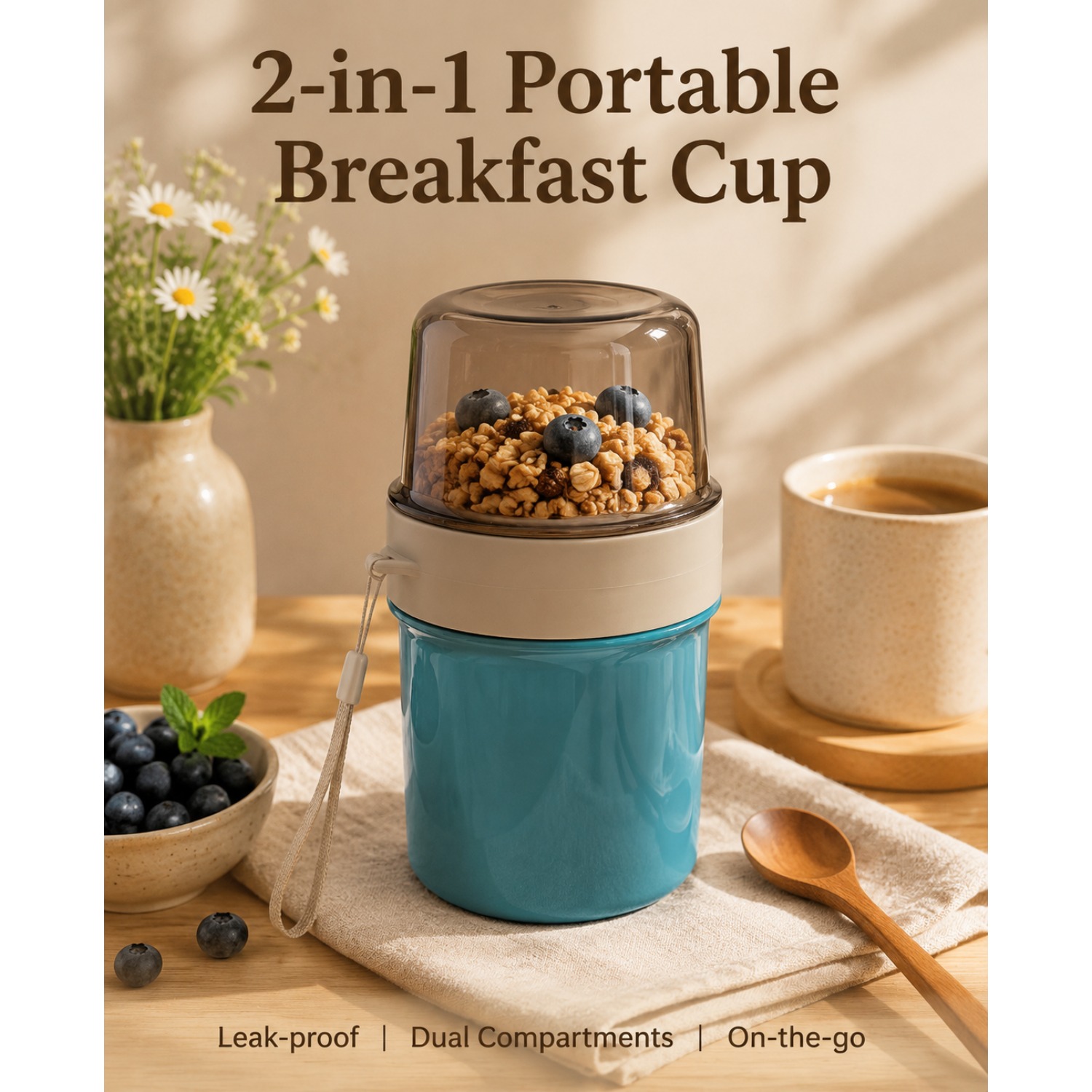 Image of Stylish Dual Compartment Breakfast Cup, Leak-proof Yogurt & Oats Container, Perfect For Holiday & Everyday Gifting - 560ml+310ml