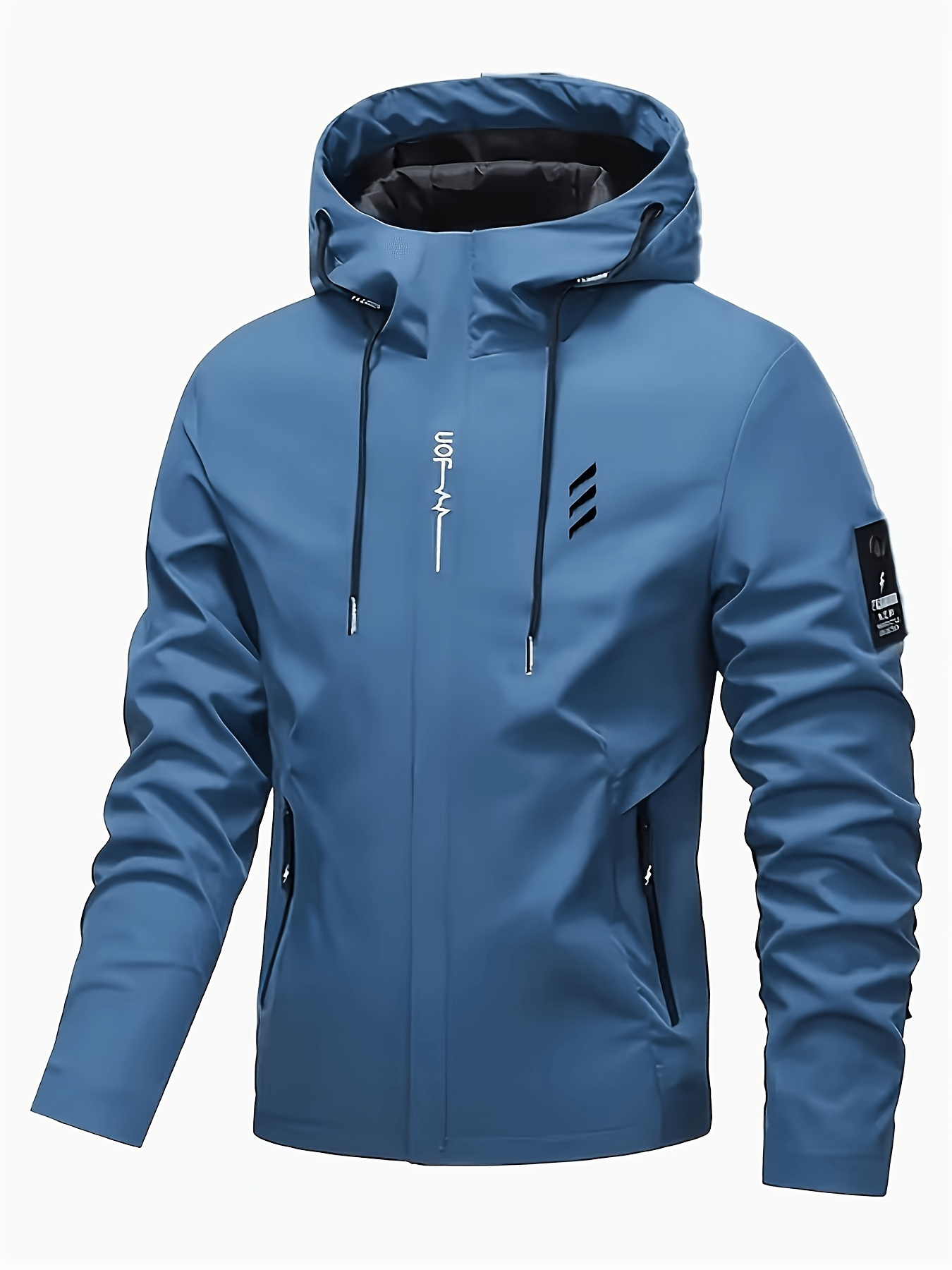 mens heavyweight high quality non bulky hooded windproof jacket ideal for   strong   full zip   with logo patch   casual hiking fishing outerwear fall commuting windbreaker hand washable dry  