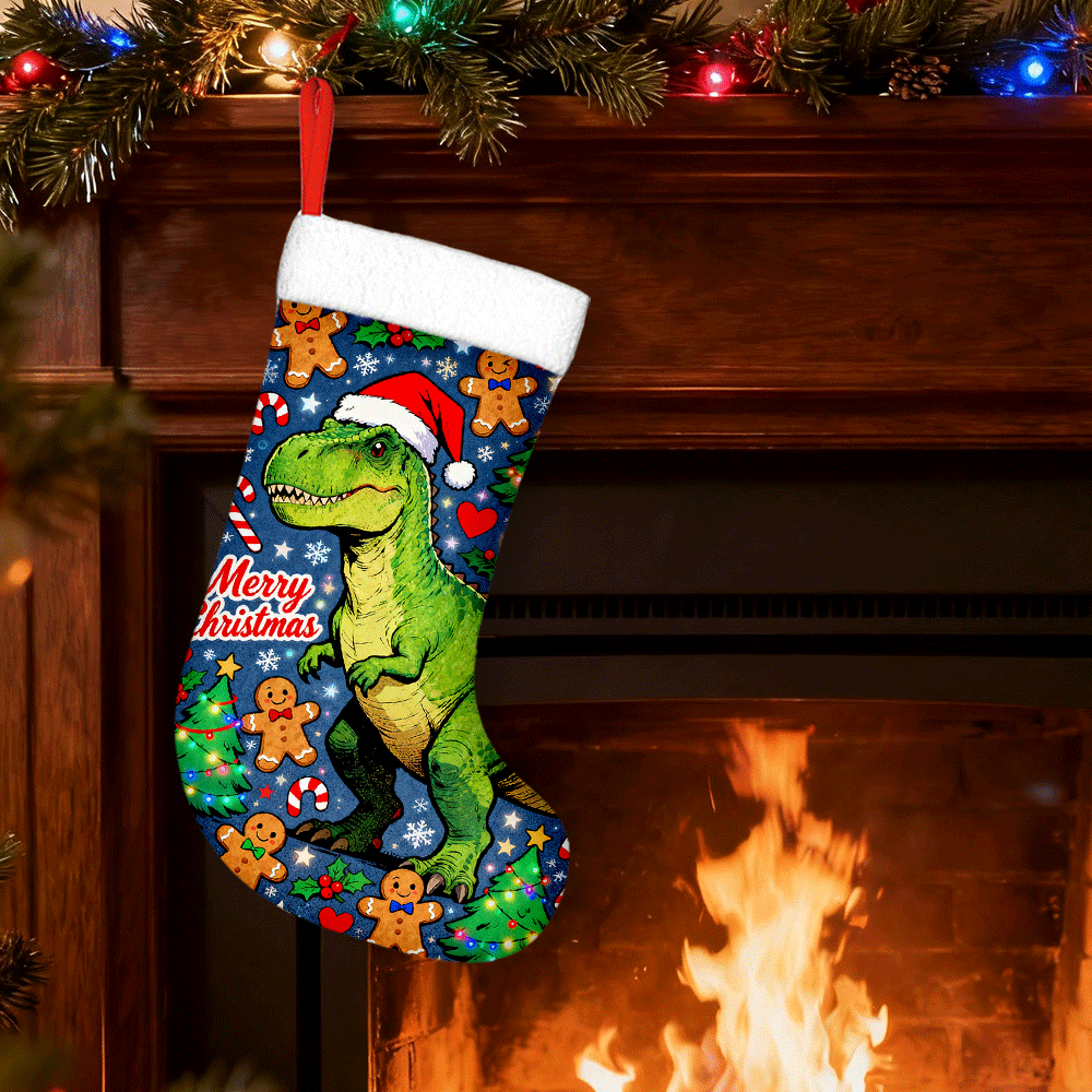 TEMU 2d Flat, 1pc, (12inch X 18inch), Festive T Rex Christmas Cheer Christmas Stocking, T Rex In Santa Hat With Gingerbread Men, Holiday Themed