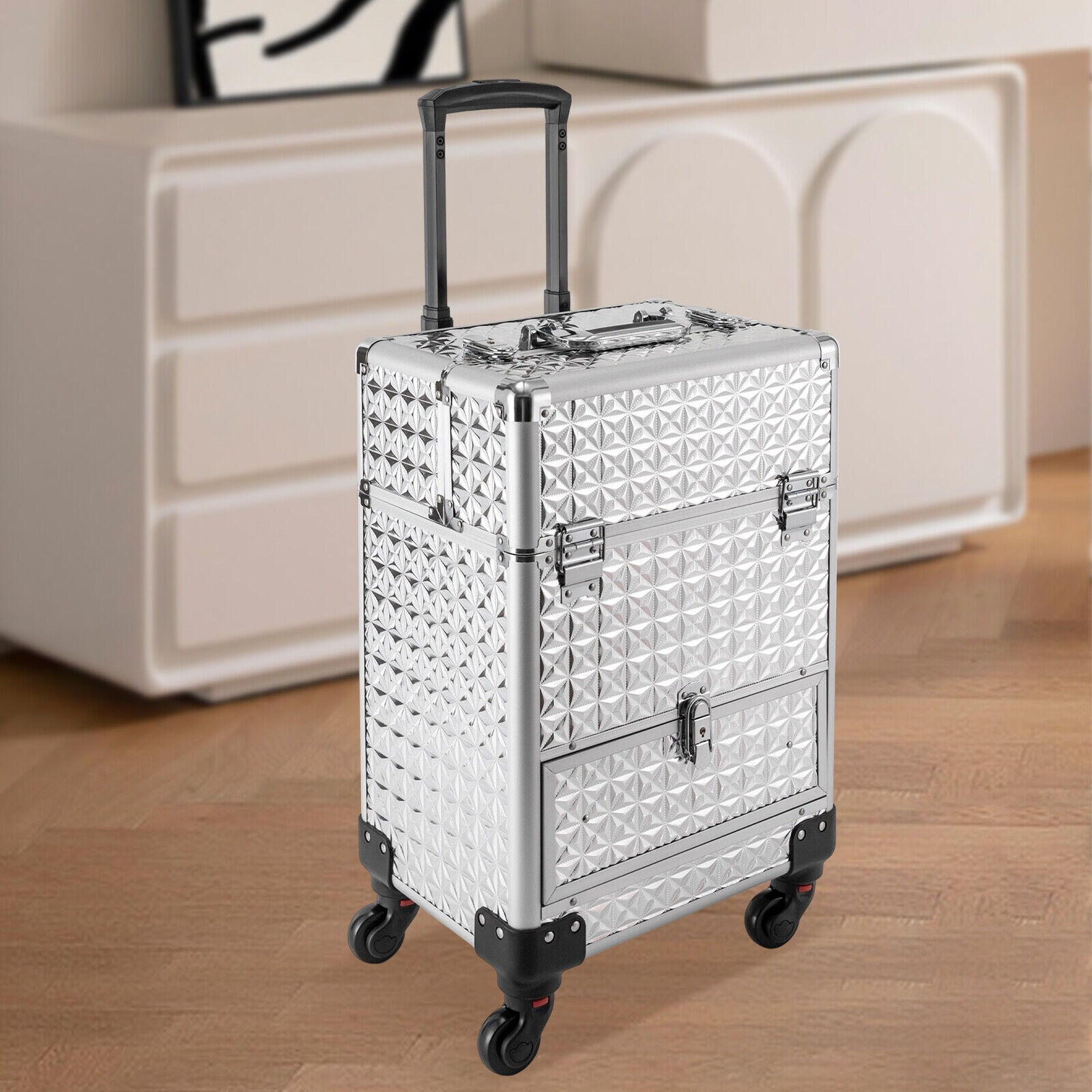 

13.4*9.8*18.5inch Rolling Nail Case Wheeled Manicure Storage Case Polish Organizer 44.09lbs Professional Makeup Trolley For Studio Or Travelling Nail Technician Artists Stylist (silvery)