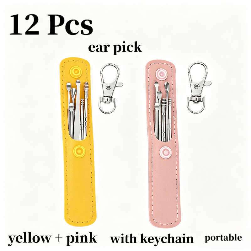 TEMU 12pcs Ear Pick Spoon Set,spiral Spring Earwax Removal Tool With Keychain And Storage Bag,portable Safety Ear Cleaning Kit For Adults Household