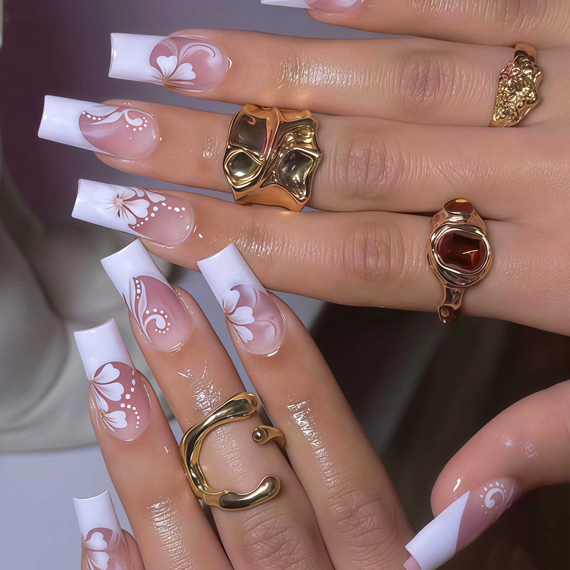 Image of 48pcs Two-piece Set Of Simple And Romantic White And Leaf Nail Art Pieces Suitable For Dance Parties And - Including Jelly Glue&nail Files, Essential Party Accessories, Colorful Nail Stickers
