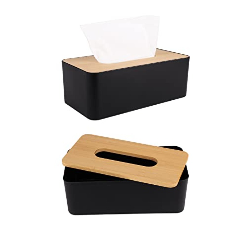 modern   tissue box holder with white lid - elegant rectangular or round design, durable plastic & bamboo construction, scratch-resistant surface protector, fits bathroom, office, home - compatible with square & round tissues (9.7x5x3.6in) - decorative storage organizer Product details 2
