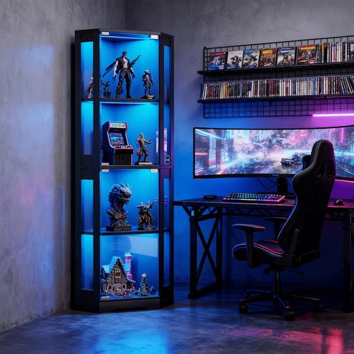 1pc corner single door entertainment cabinet black 4 tier glass display shelf with tricolor led lights motion sensor storage for figures books snacks records suitable for living room bedroom