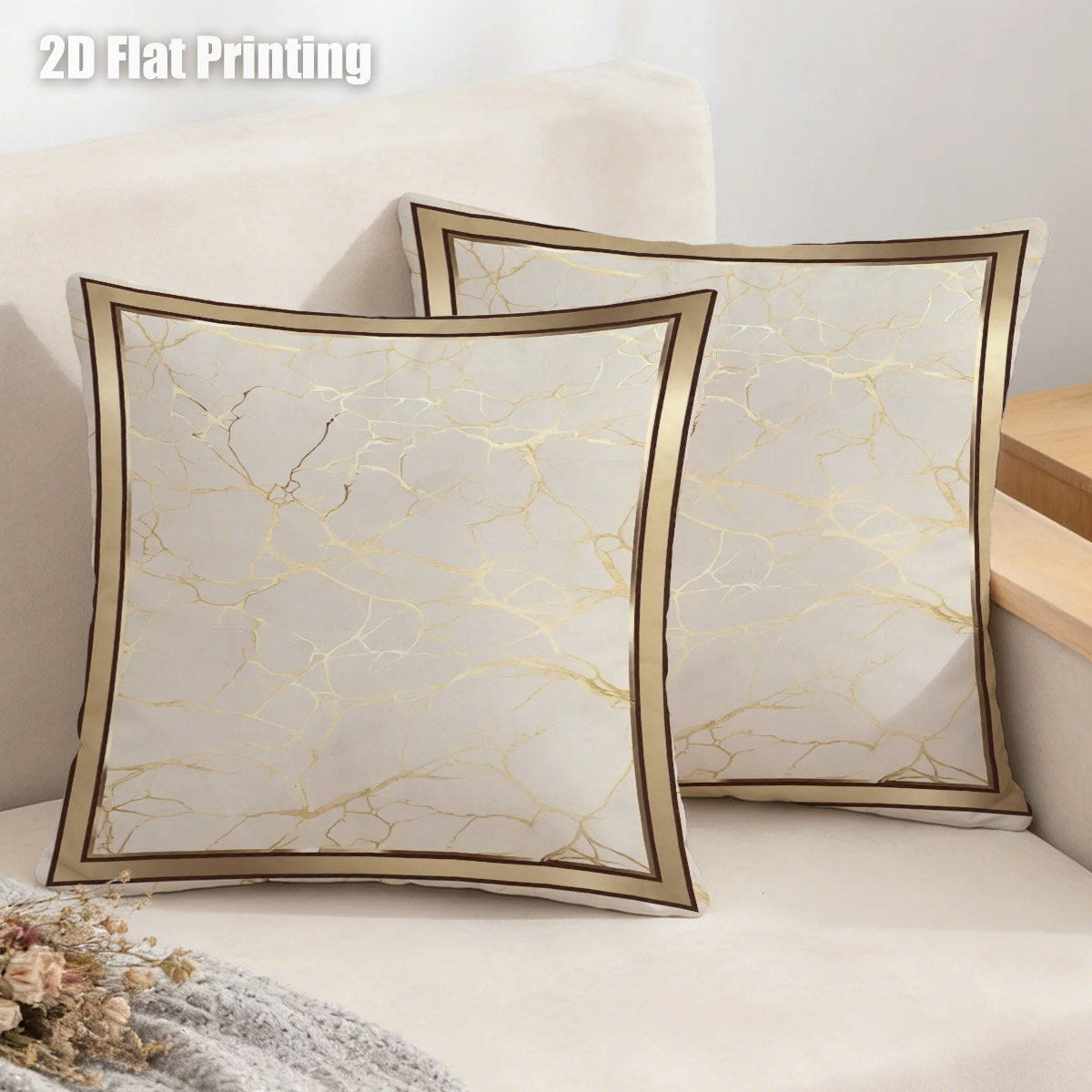 TEMU 2d Flat 2pcs Luxury Golden Veins Abstract Marble Cushion Covers, Double Prints Elegant White And Golden Pattern, For Modern Sofa, Cozy Bedroom,
