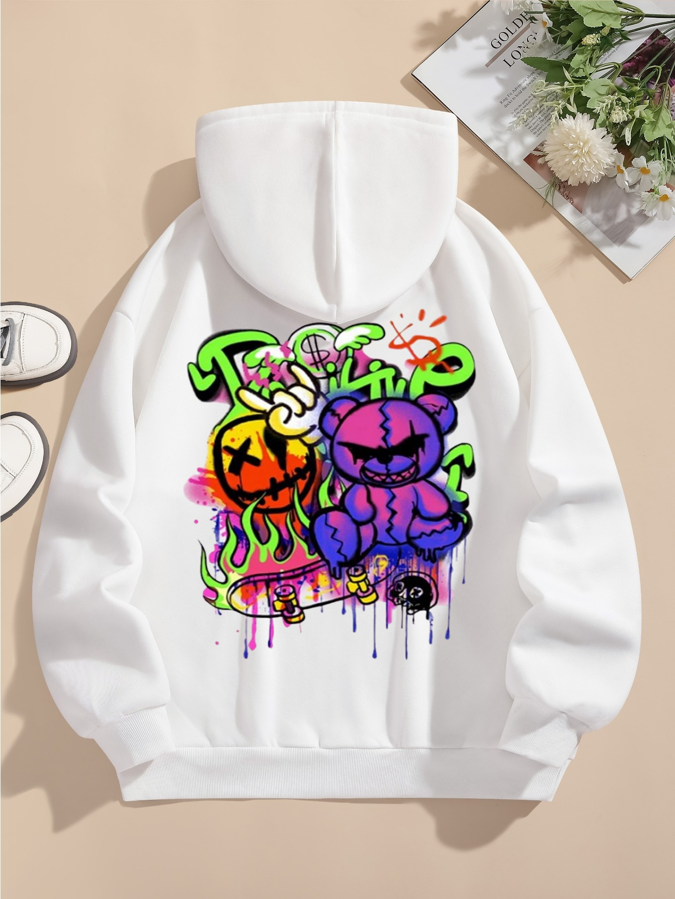 vrouwen casual hoodie met cartoon grafische print, 100% polyester gebreide stof,   hoodie met trekkoord, winter & herfst mode kleding 0