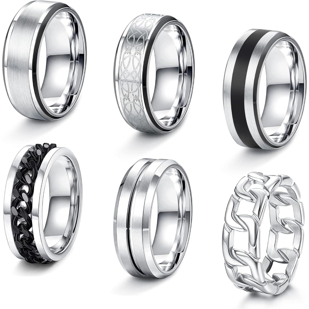 Image of 6pcs Stainless Steel Ring Celtic Matte Rings Cuban Chain Ring Unisex Jewelry Gift For Him Her, For Teenager
