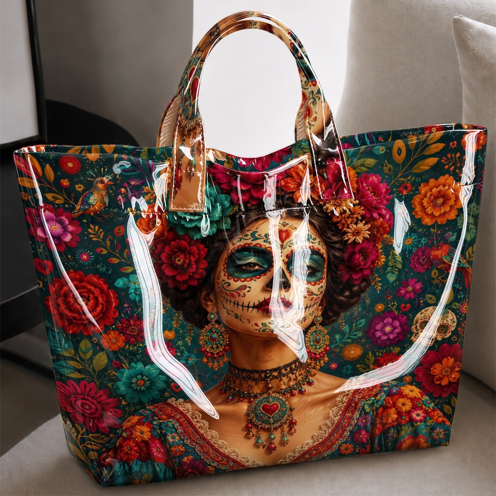Image of Floral Skull Tote Bag - Mexican Art-inspired Handbag A Spacious, Shopping Bag Perfect For Festivals, Travel Outfits, Cultural , And Casual Occasions