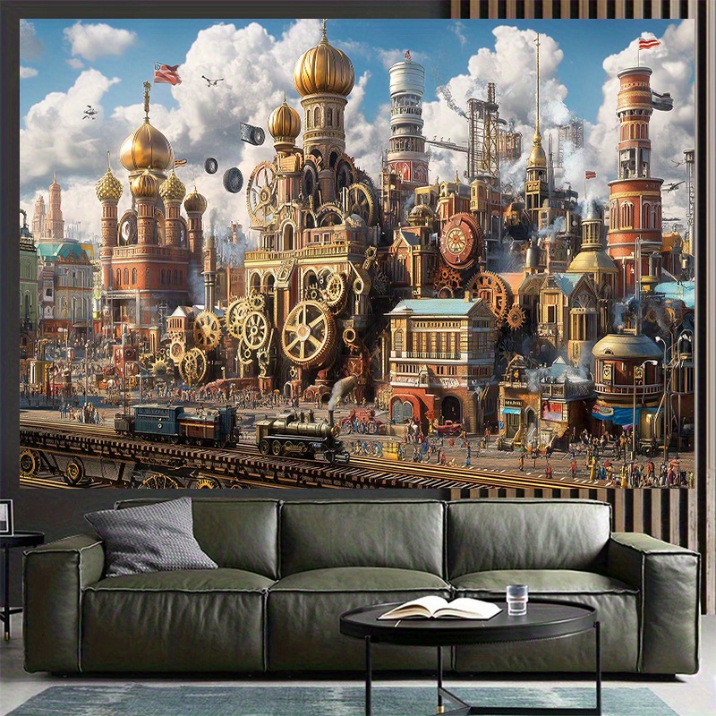 TEMU . Steampunk-Stadtlandschaft Wandteppich - Cyber-Dampfmaschinen-Schloss mit Zahnraden, Kuppeln & Vintage-Tramwayn, 2D Flacher