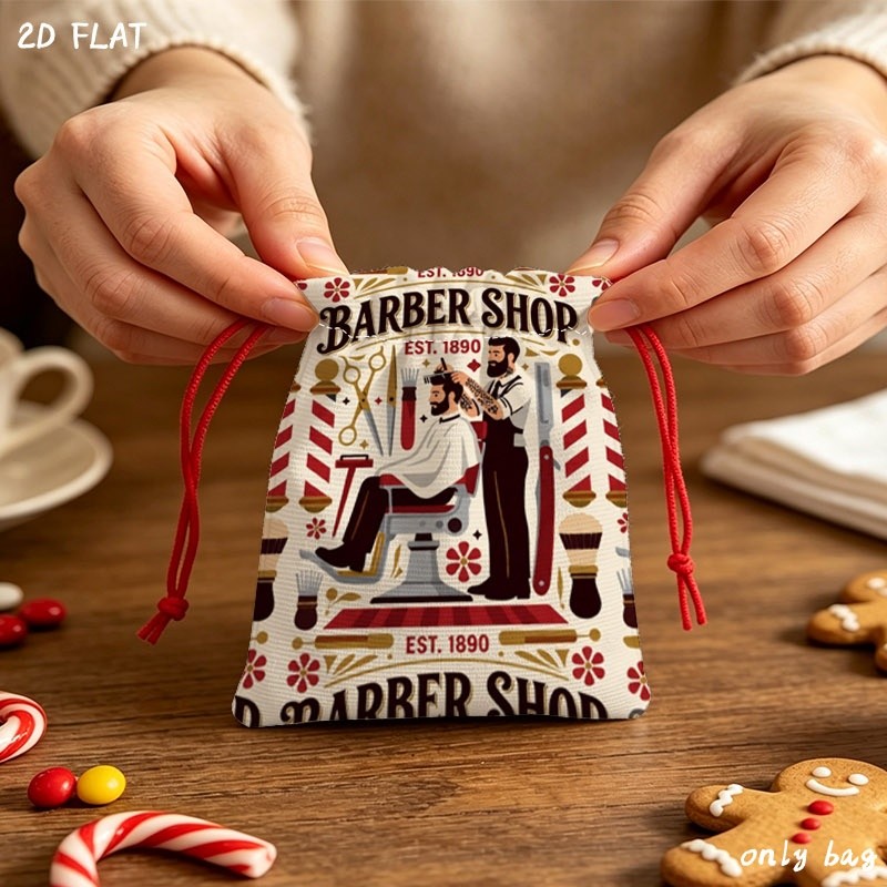 Retro Barber Shop Printed Drawstring Party Gift Bags, Pack of 10, Material with Floral Decorated Seamless Pattern,   Wrapping Party Gifts & Event Souvenirs