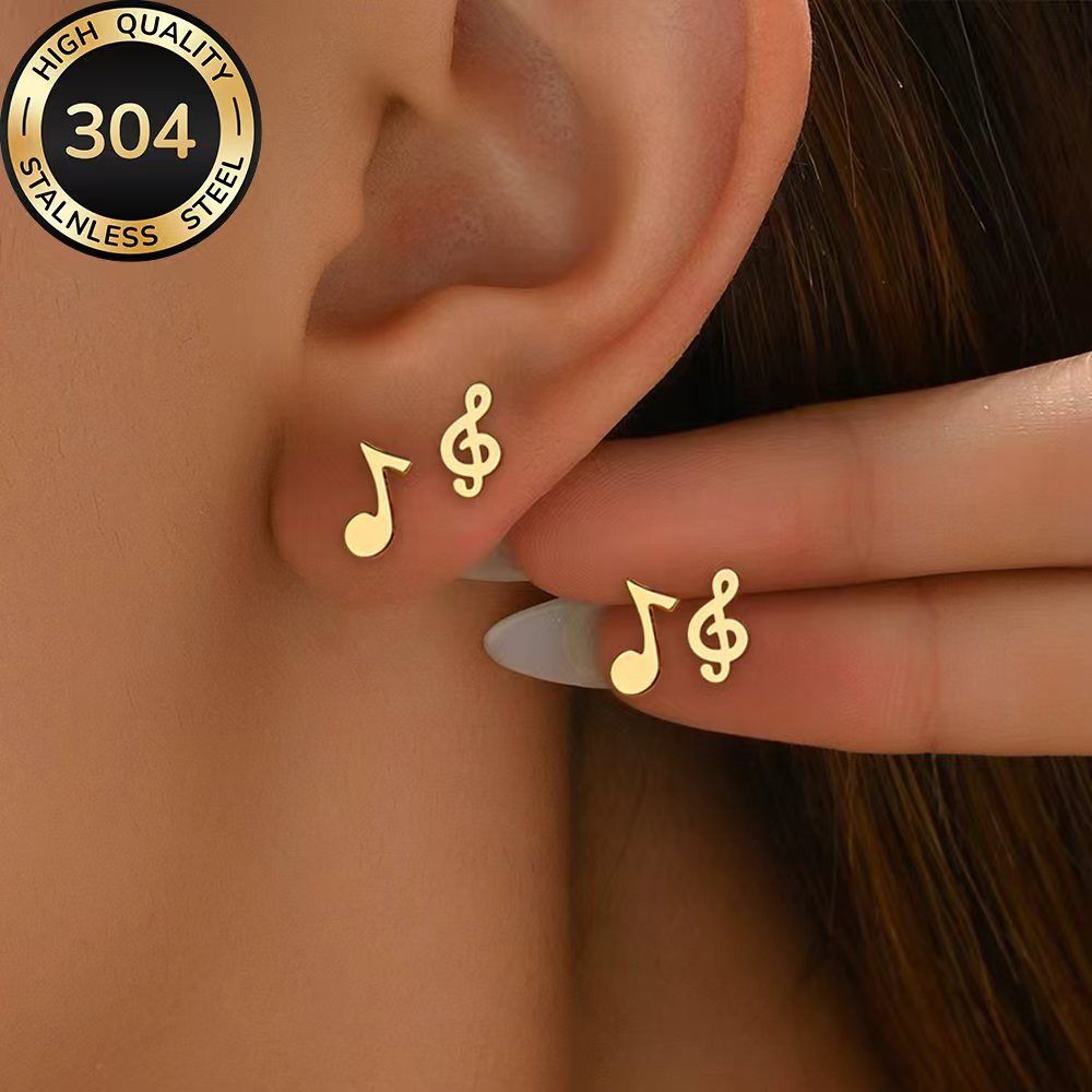 TEMU 2-pair Earring Set, High-quality Stainless Steel Golden Stud Earrings, Hypoallergenic, Anti-tarnish, Simple And Elegant, Fashionable Women's