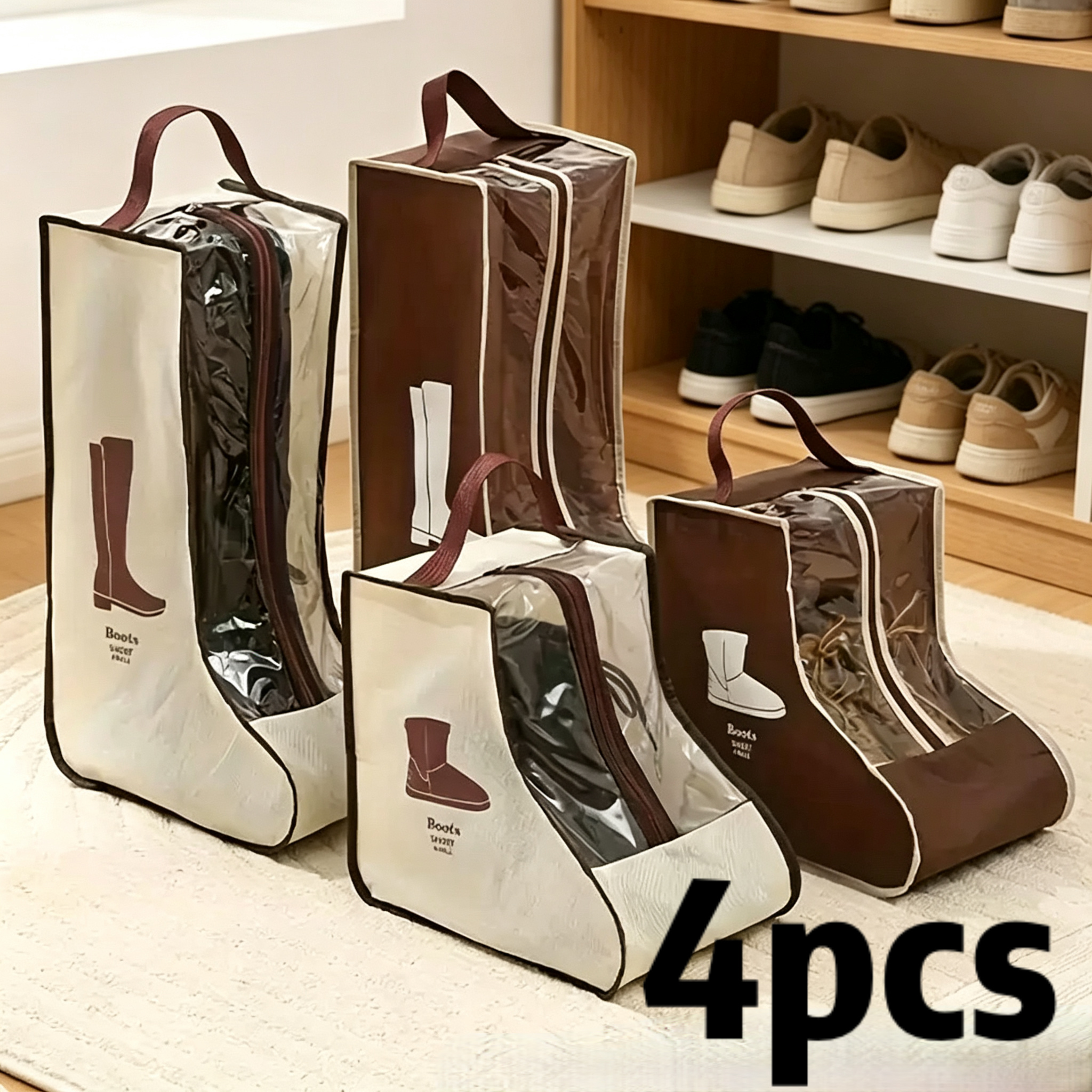 TEMU 4pcs Transparent Boot Storage Bags With Handles - Dustproof And Moisture-proof, Suitable For Flats, Ankle Boots, And Long Boots, Shoe Storage |