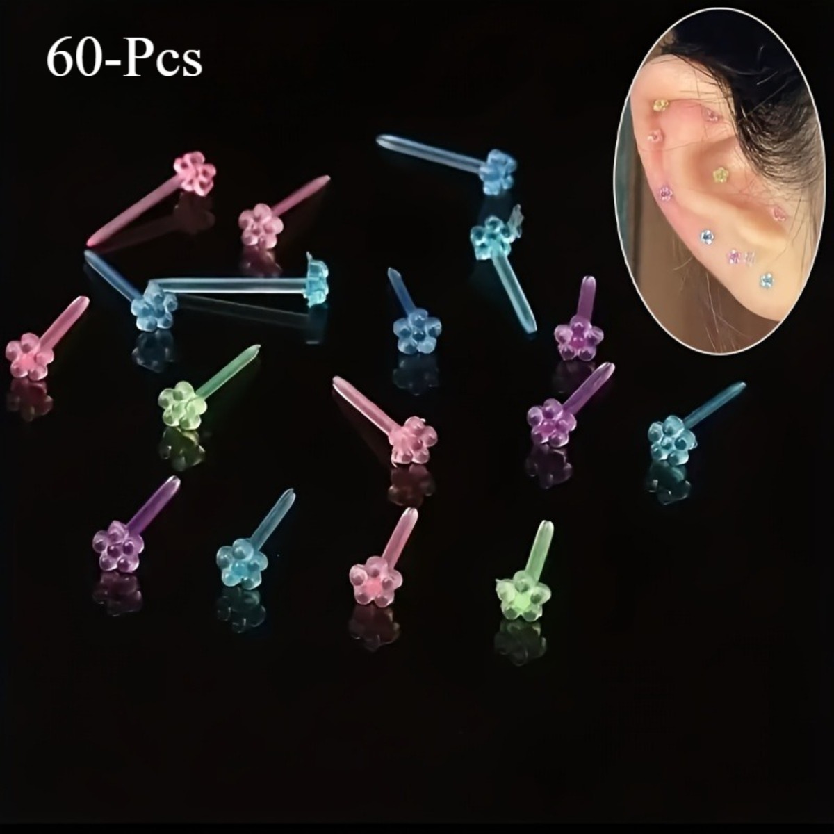 TEMU A Box Of 60pcs Small Flower Resin Plastic Ear Studs, Designed To Prevent Allergies And Protect Pierced Ears. Available In Exquisite Small Flower