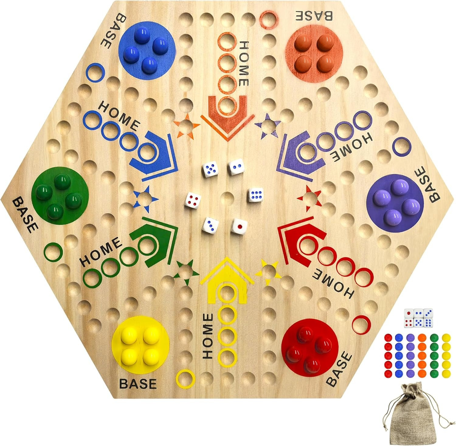 Original Double-Sided Painted Wooden Board Game - Fast Track For 2 To 6 Players, 6 Colors, 24 Marbles, 6 Dice, Suitable For Adults & Kids, Family Gatherings, Parties, Holiday Gifts (15 Inches).