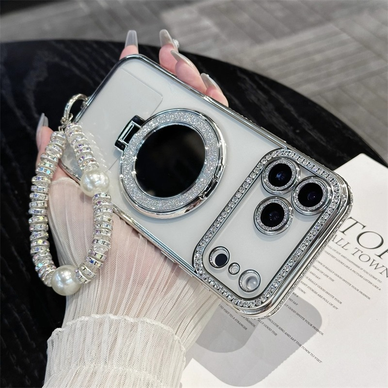 TEMU Phone Case: Sparkling Diamond Case Suitable For Iphone 17 Pro Max, 16 Pro Max Makeup Touch-up Mirror Stand + Bracelet, Full Lens Coverage For