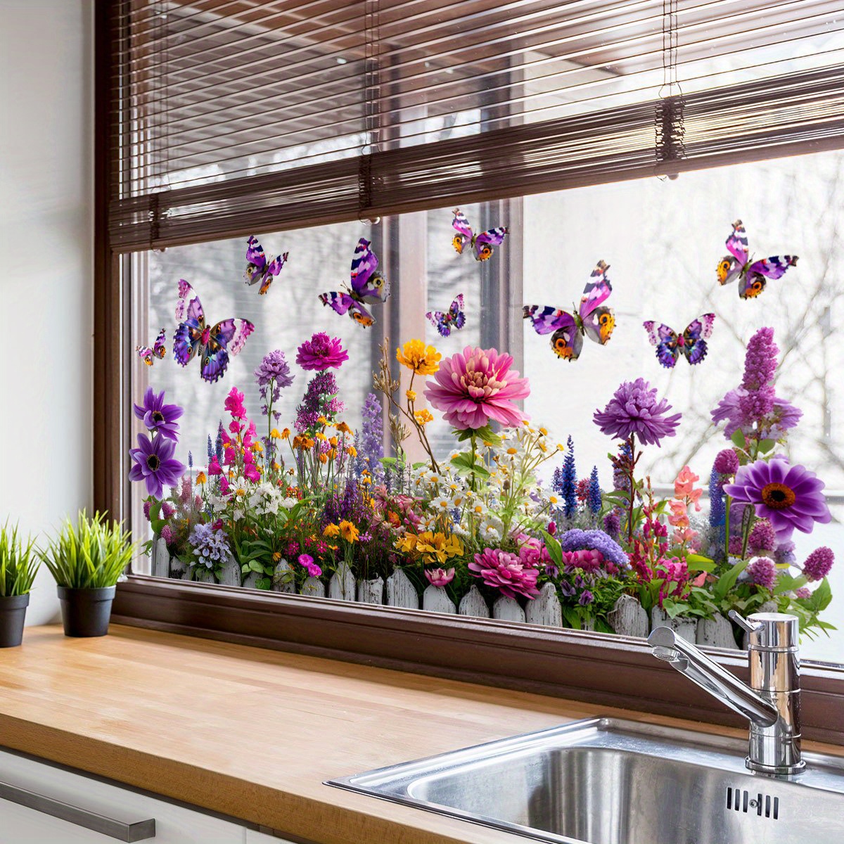 E-shop Bemaltes , Lila Schmetterling, Bunte Blumen Fensteraufkleber, Elektrostatische Aufkleber, Schlafzimmer Zuhause, Wohnzimmer Schaufenster,